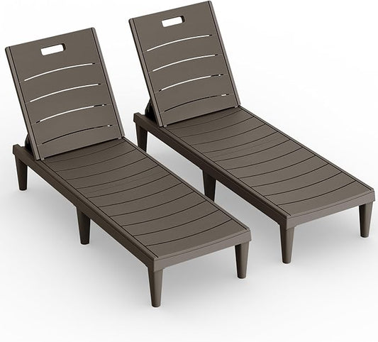 Greesum Outdoor Chaise Lounge Chair Set of 2, Waterproof 5-Position Adjustable PP Sun Loungers for Patio, Poolside, and Beach Sunbathing, Brown