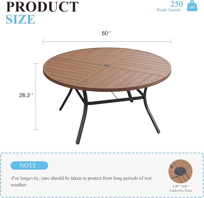 VICLLAX 50" Round Patio Table with Umbrella Hole, All Weather Metal Outdoor Dining Table for 6 - Photo 2