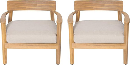 Christopher Knight Home Manny Acacia Wood Patio Accent Chair Set of 2, Wooden Lounge Chair Outdoor, Comfy Reading Chair with Removable Cushion, Curved Backrest Lounge Sofa, Teak+Beige