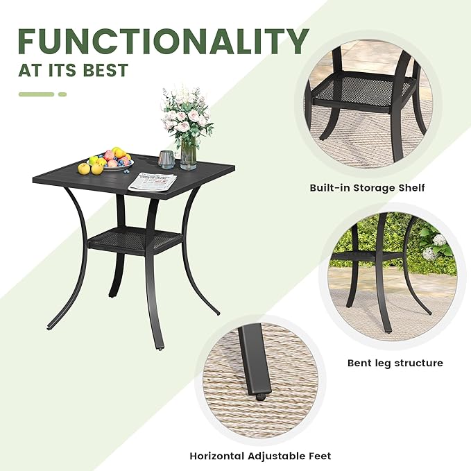 Outdoor Dining Table with Storage Shelf, 27.5" All-Weather Square Patio Dining Table for 2, Metal Patio Table for Garden Lawn Porch Deck Yard, Black