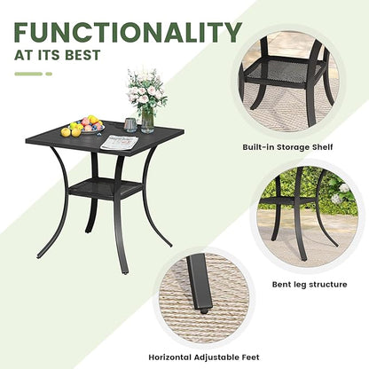 Outdoor Dining Table with Storage Shelf, 27.5" All-Weather Square Patio Dining Table for 2, Metal Patio Table for Garden Lawn Porch Deck Yard, Black