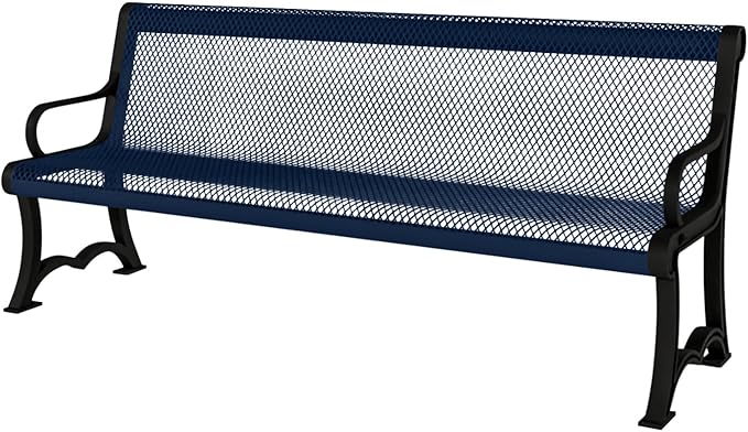 COATEDOUTDOORFURNITURE Heavy-Duty Outdoor Bench Thermoplastic Coated, Expanded Metal, Commercial-Grade Garden Bench, Made in America (Portable with Back, 4 Ft, Textured Dark Blue)