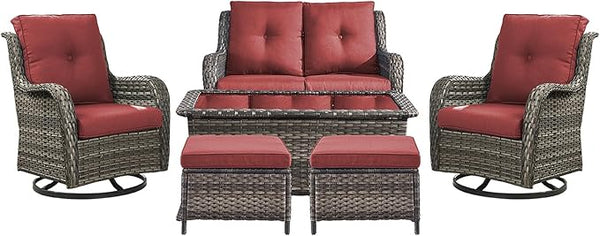Rilyson Wicker Patio Furniture Set - 6 Piece Rattan Outdoor Sectional Conversation Sets with 2 Swivel Rocking Chairs - Photo 1