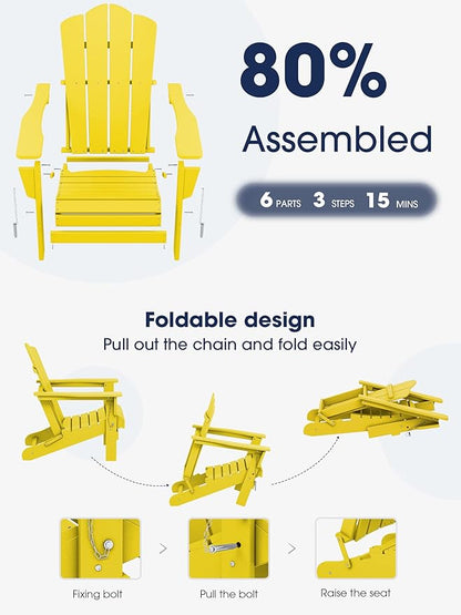 KINGYES Folding Adirondack Chair, HDPE All-Weather Patio Chairs, Wooden Textured Lawn Chair for Poolside, Backyard, Deck, Fire Pit, Yellow