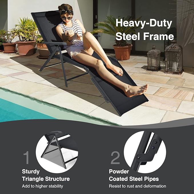 COSTWAY Folding Chaise Lounge, Lightweight & Breathable Fabric, Outdoor Tanning Recliner Chair for Deck, Beach (Black) - Photo 7