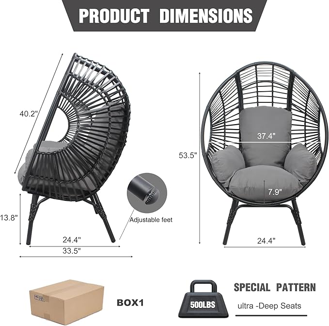 Oversized Wicker Egg Chair, Outdoor Indoor Rattan Patio Egg Lounge Chairs with Cushion 500lbs Capacity for Living Room - Photo 2