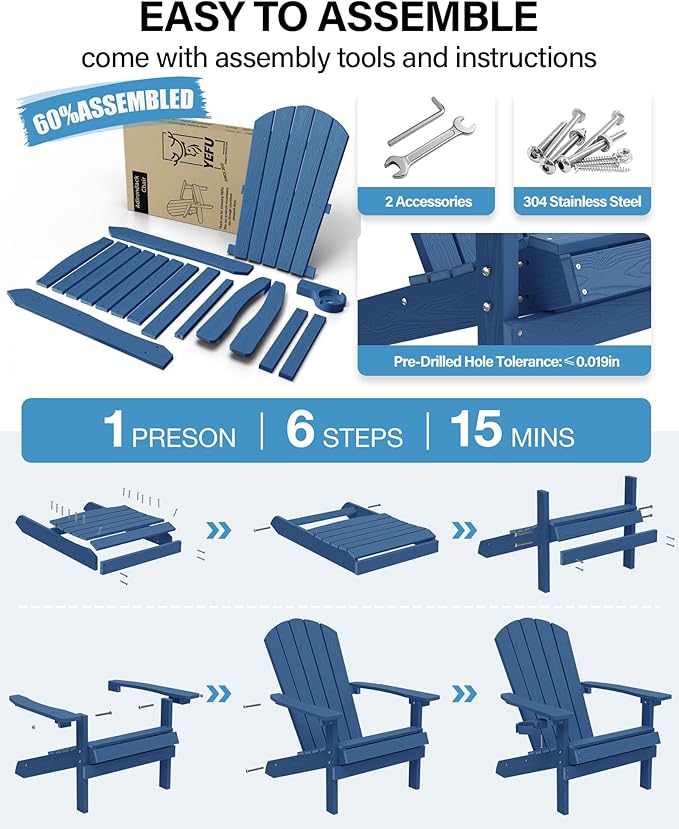 YEFU Adirondack Chairs with Cup Holders: Set of 6 Fire Pit Chairs Plastic with Wood Texture - Sturdy All-Weather HIPS for Patio Backyard Lawn - Easy Assembly Outdoor Furniture(Navy)