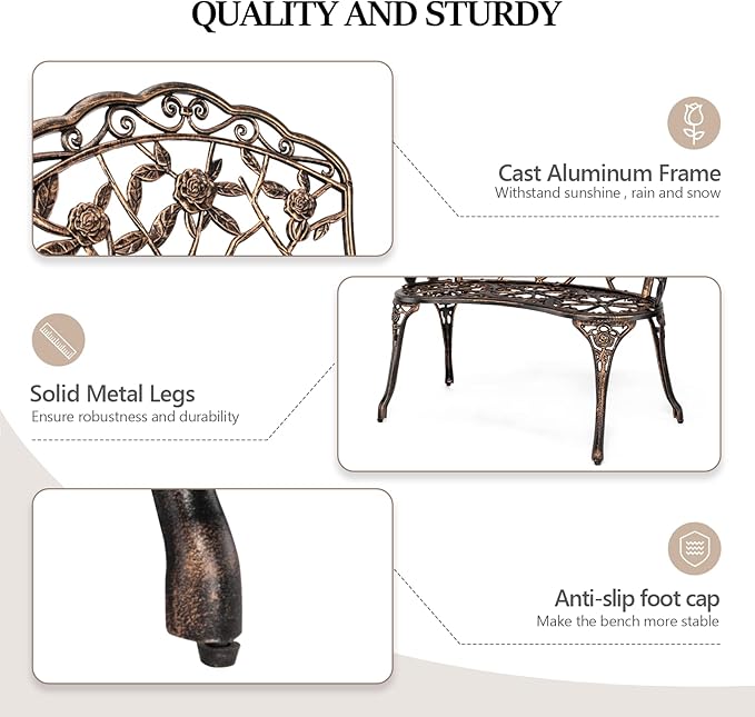 Bonnlo 2 Seater Garden Bench Outdoor Bench Furniture Patio Bench Seating Park Patio Seat Cast Iron Cast Aluminium Frame Antique Finish Chair