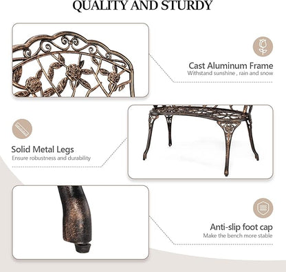 Bonnlo 2 Seater Garden Bench Outdoor Bench Furniture Patio Bench Seating Park Patio Seat Cast Iron Cast Aluminium Frame Antique Finish Chair