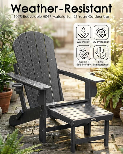Folding Adirondack Chair with Ottoman, Recyclable HDPE Adirondack Patio Chair with 2 Cup Holder, Outdoor Fire Pit Chairs with Pull Out Footrest, Weather Resistant for Garden, Deck, Poolside, Grey
