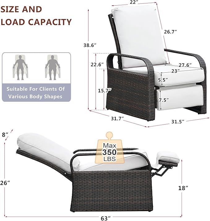 ATR ART TO REAL Outdoor Wicker Recliner Chair with 5.5'' Cushions, Automatic Adjustable Patio Lounge Chairs, Aluminum Frame Reclining Chair for Lawn Backyard Porch Poolside Deck (White)