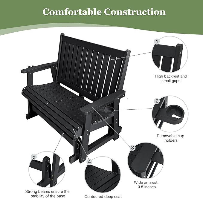 HIPS Patio Glider Two-Seat with Cup Holders, Durable HIPS Material, All-Weather Resistant - Photo 5