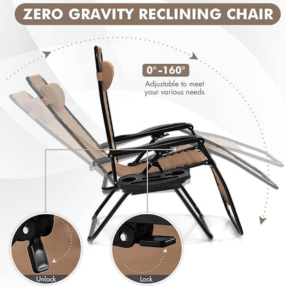 Giantex Zero Gravity Reclining Chair, Outdoor Patio Recliner with Cup Holder & Removable Pillow, Adjustable Backrest, Indoor Lounge Chair for Backyard, Garden, Poolside (Tan)