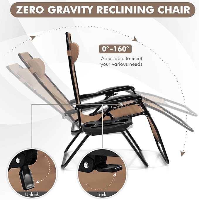 Giantex 2 PCS Zero Gravity Chair Patio Chaise Lounge Chairs Outdoor Yard Pool Recliner Folding Lounge Chair with Cup - Photo 4