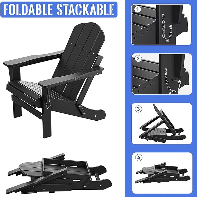 Folding Adirondack Chair,All-Weather Fire Pit Chairs,Oversized All Weather Resistant Outdoor Adirondack Chair for Firepit Area BBQ Beach Deck Garden Lawn Backyard Pool (Antique Black)