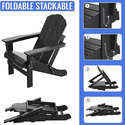 Folding Adirondack Chair,All-Weather Fire Pit Chairs,Oversized All Weather Resistant Outdoor Adirondack Chair for Firepit Area BBQ Beach Deck Garden Lawn Backyard Pool (Antique Black)