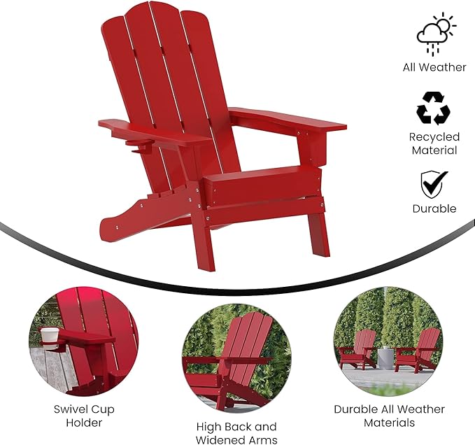 Flash Furniture Newport Adirondack Chairs with Cup Holders, Weather Resistant Poly Resin Adirondack Chairs, Set of 2 - Photo 5