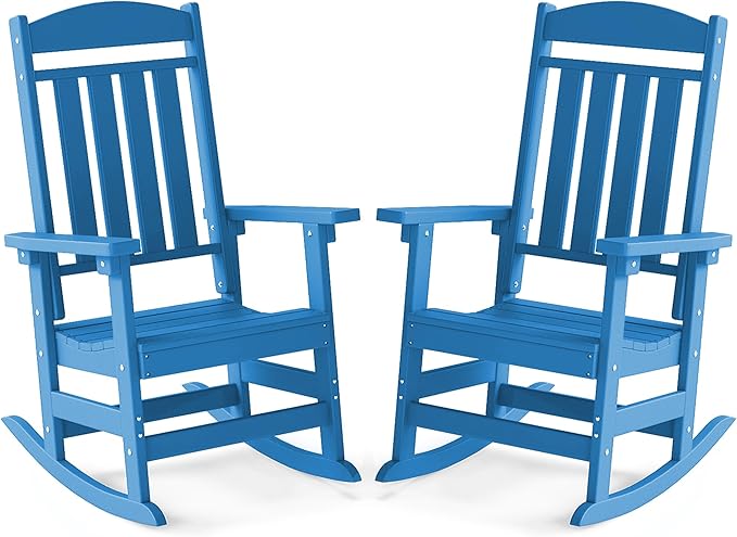 FOOWIN Outdoor Rocking Chair Set of 2, High Back Patio Rocking Chair, HDPE All Weather Resistant Porch Rocker for Adult, Oversized Rocking Chairs for Garden, Lawn, Indoor & Outdoor Use, Pacific Blue