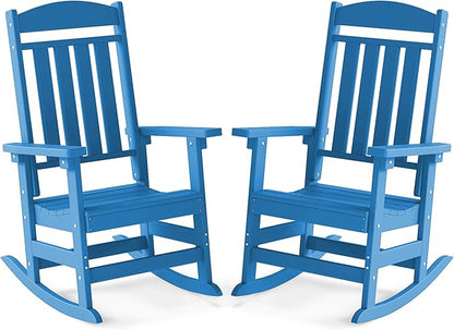 FOOWIN Outdoor Rocking Chair Set of 2, High Back Patio Rocking Chair, HDPE All Weather Resistant Porch Rocker for Adult, Oversized Rocking Chairs for Garden, Lawn, Indoor & Outdoor Use, Pacific Blue