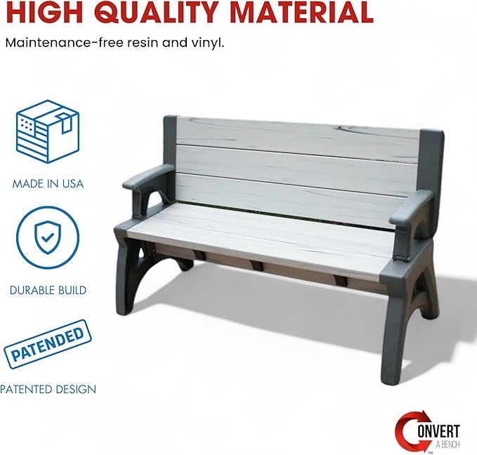 Convert-a-Bench 2-in-1 Outdoor Bench & Picnic Table - Foldable, Weather-Resistant Seating - Perfect for Patio, Lawn, Garden, or Deck - Durable & Easy Assembly - 1 Bench/Order, Platinum White Birch