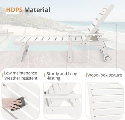 LUE BONA Outdoor Chaise Lounge Chairs Set of 2, HDPS Chaise Lounger, 5 Positions Adjustable Lounge Chairs, Pool Lounge Chair with Wheels for Poolside, 3 Year Warranty, White