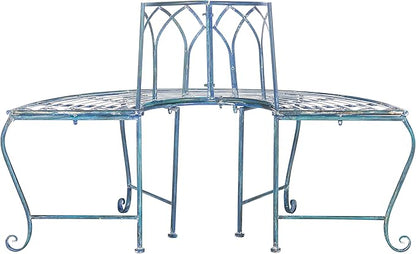 SAFAVIEH Outdoor Furniture Collection – Abia Antique Blue Distressed Wrought Iron 50-Inch Curved Tree Bench, Garden & Patio Seating (PAT5018C)