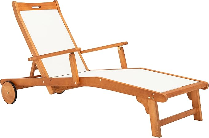 SAFAVIEH Outdoor Collection Kamson Natural Brown Solid Wood/Beige Fabric Adjustable Chaise Lounge Chair (PAT7071A) - Photo 8