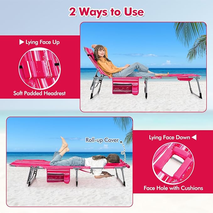Goplus Tanning Chair, Folding Outdoor Beach Lounge Chair with Face & Arm Hole, Carrying Strap, Pillow, Side Pocket - Photo 4