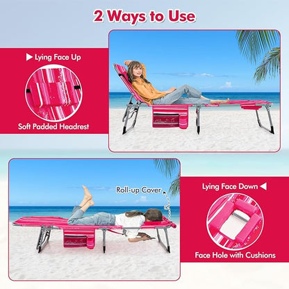 Goplus Tanning Chair, Folding Outdoor Beach Lounge Chair with Face & Arm Hole, Carrying Strap, Pillow, Side Pocket, 5-Position Adjustable Chaise Lounge Chair Sunbathing Chair for Lawn Pool, 330 LBS