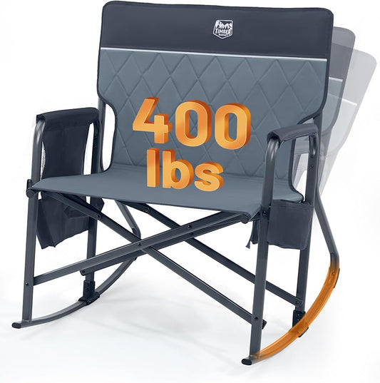 Timber Ridge Folding Oversized Rocking Camping Chair, 400lbs Capacity Portable Outdoor Rocker with Hard Armrests, Cup Holder & Side Pocket, Quick-Fold Design for Outdoor, Patio, Lawn, Grey