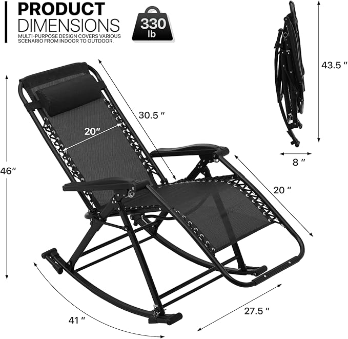 MoNiBloom Rocking Lounger Outdoor Chair Set of 2, Portable High Back Compact Foldable Reclining Zero Gravity Lounge Patio Rocking Chair with Adjustable Armrest and Footrest for Beach Yard Pool Outdoor