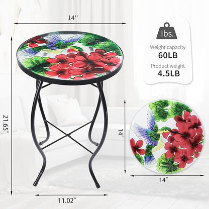 VCUTEKA Patio Side Table Outdoor Accent Table Small Mosaic Tables Coffee End Porch Tables Indoor Outdoor Round Glass Balcony Bistro Plant Stand Hummingbird Poppy 14 inches