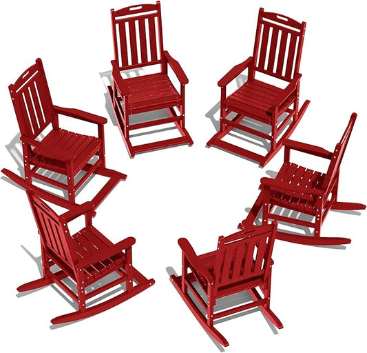 LOUNZY Outdoor Rocking Chair with Footboards Set of 6, HDPE Rocking Chair Patio Porch Rocker with 380lbs Support for Adult, Dark Red