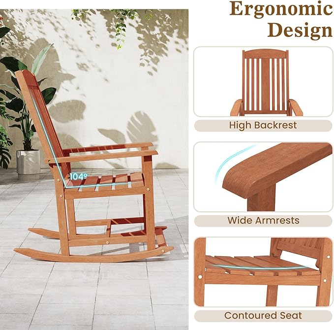 Giantex Outdoor Rocking Chair, Solid Wood High Back Rocker with Slatted Seat, Wide Armrests, Oversized Porch Rocker for Patio, Backyard, Garden and Lawn, 400 LBS Weight Capacity