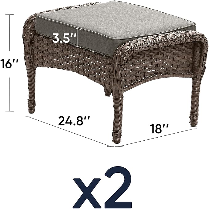 Outdoor Ottomans Patio Footrest Set of 2 - High Back Comfortable Brown Wicker Rattan Steel Frame Footstool Additional Bench Side Table for Porch Balcony Deck Garden Poolside - Grey