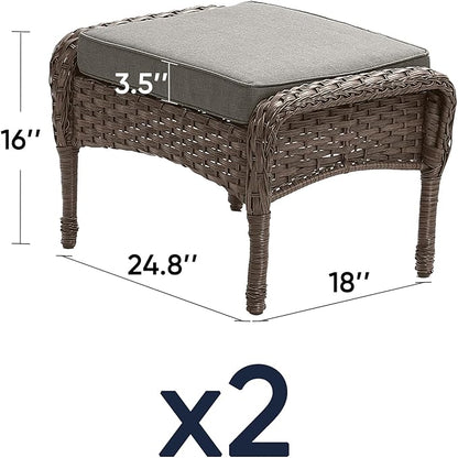 Outdoor Ottomans Patio Footrest Set of 2 - High Back Comfortable Brown Wicker Rattan Steel Frame Footstool Additional Bench Side Table for Porch Balcony Deck Garden Poolside - Grey