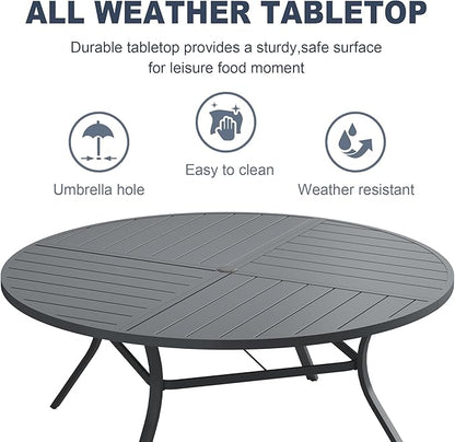 VICLLAX 60" Round Patio Dining Table for 8-10, All Weather Metal Outdoor Table with 1.57" Umbrella Hole and Surdy Frame for Garden Lawn Deck, Dark Grey