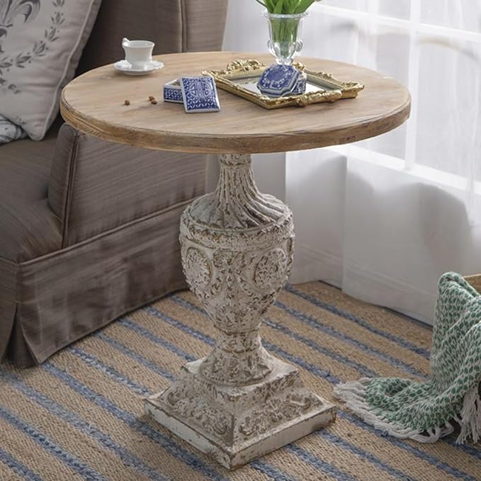 Round Wood Side Table Rustic Circle End Table 30" Small Coffee Tables Drink Table with Pedestal Bedside Tables Nightstand for Small Spaces Living Room Bedroom Patio Antique White & Wood