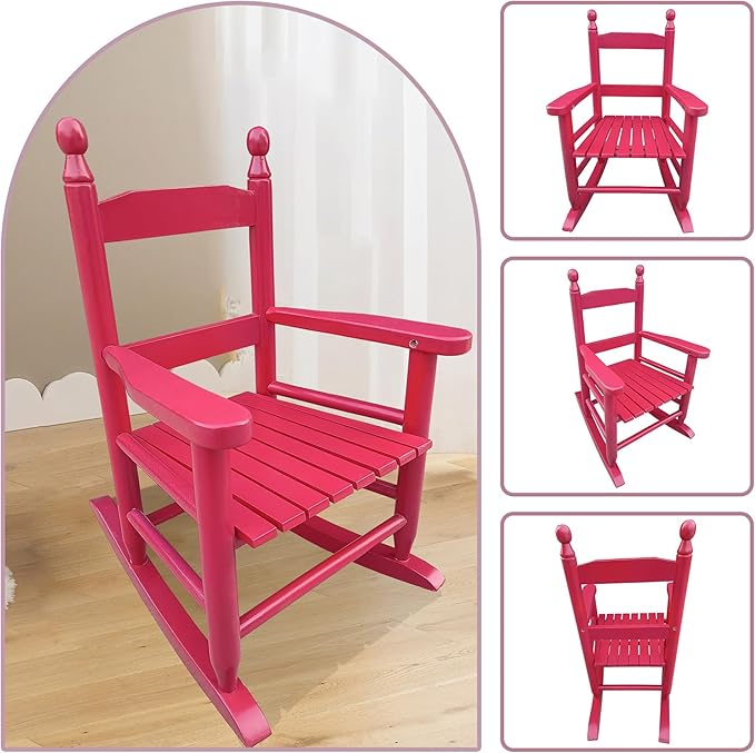 Toddler Rocking Chair for Kids Age 2-5, Hardwood Porch Rocker with Back Support & Armrest for Small Spaces Living Room Outdoor Garden, Easy Assembly (Rose Red)