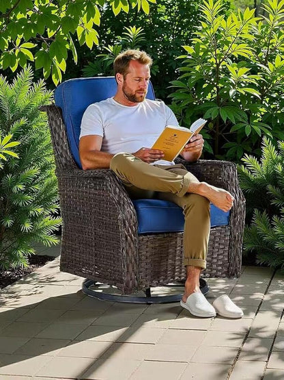 Outdoor Wicker Swivel Rocker Chair with 6-Inch Thick Cushions, High Back Patio Glider Chair, 360° Swivel & Rocking Motion for Porch, Deck, Balcony, Poolside, Brown/Blue