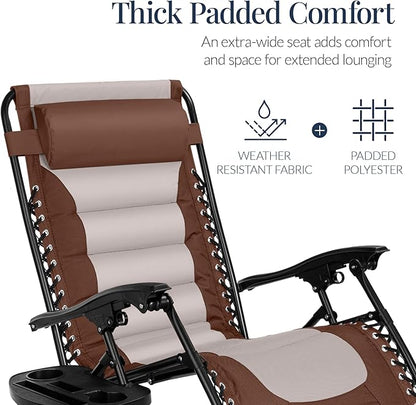 Best Choice Products Oversized Padded Zero Gravity Chair, Folding Outdoor Patio Recliner, XL Anti Gravity Lounger for Backyard w/Headrest, Cup Holder, Side Tray, Polyester Mesh - Brown/Oyster