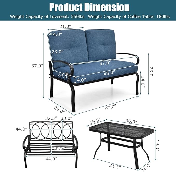 RELAX4LIFE Patio Loveseat with Coffee Table - 2-Piece Patio Conversation Sofa Set w/Backrest & Cushions, Modern Outdoor Glider Bench for Garden, Backyard, Poolside, Metal Porch Furniture (Blue)