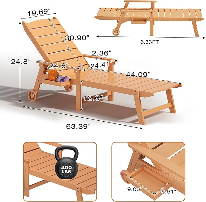 Outdoor Chaise Lounge Chair with Wheels, 6.3ft Full-Length Patio Pool Lounge Chairs,5-Position Adjustable Backrest (Flat Recline), Flip-Down Side Tray,HIPS All-Weather for Poolside, Deck,Beach