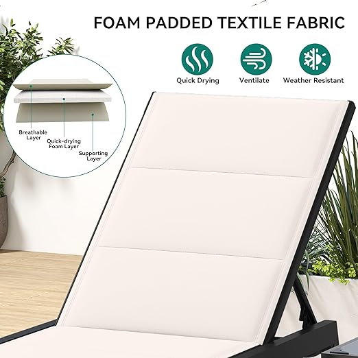 YITAHOME Patio Chaise Lounge Set of 3, Outdoor Lounge Chairs with Side Table, Padded Fabric, and Wheels, Adjustable Backrest Poolside Loungers for Pool Beach Patio Porch - Beige