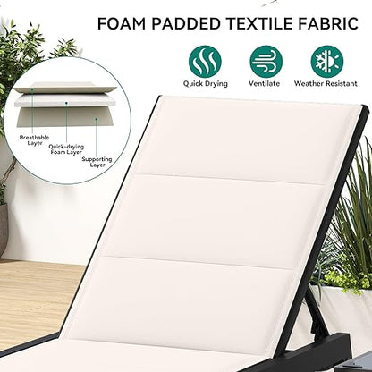 YITAHOME Patio Chaise Lounge Set of 3, Outdoor Lounge Chairs with Side Table, Padded Fabric, and Wheels, Adjustable Backrest Poolside Loungers for Pool Beach Patio Porch - Beige