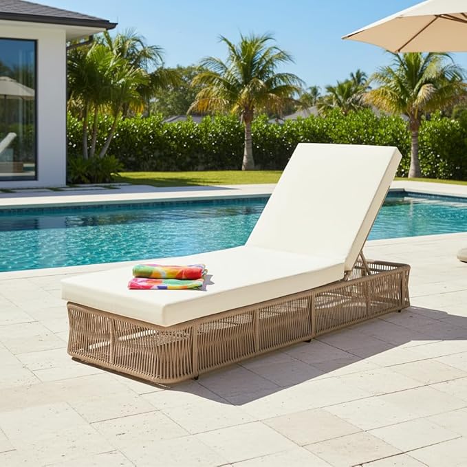 Christopher Knight Home Patio Chaise Lounge with Woven Rope Base, Adjustable Sunlounge Without Cushion, Beige and White