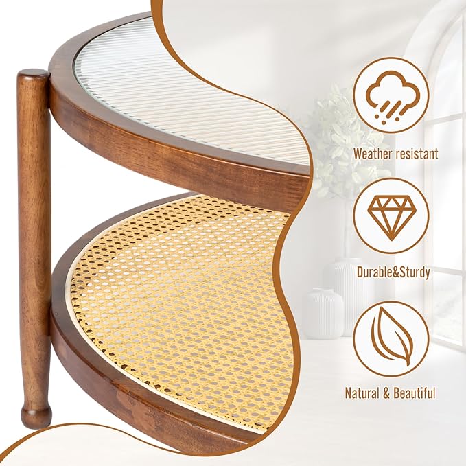 Outvita Outdoor Side Table, Rattan Rubber Wood Coffee Table with Weather - Resistant Coating, Double - Layer Storage, 31.5"x31.5"x 17.3", Easy Assembly for Patio, Garden, Living Room, Bedroom