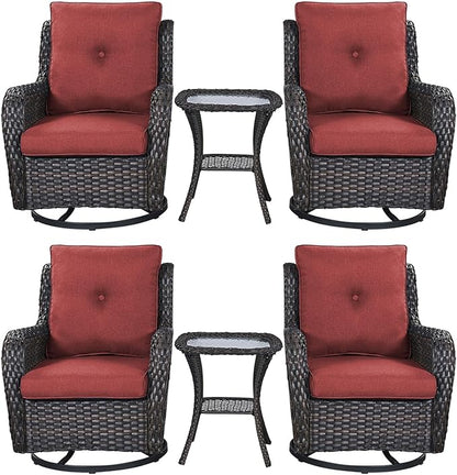 Rilyson Wicker Rocking Chair Swivel Chairs – 6 Piece Rocker Patio Furniture Set Rattan Rocking Bistro Sets with Glass Top Side Table for Outdoor Porch Deck Garden Backyard(Brown/Red)
