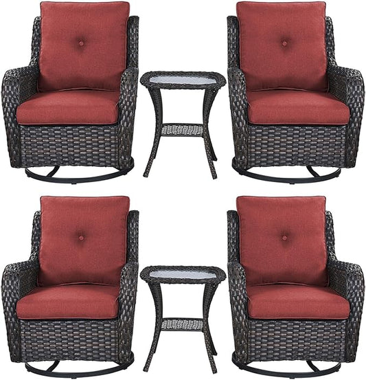 Rilyson Wicker Rocking Chair Swivel Chairs – 6 Piece Rocker Patio Furniture Set Rattan Rocking Bistro Sets with Glass Top Side Table for Outdoor Porch Deck Garden Backyard(Brown/Red)