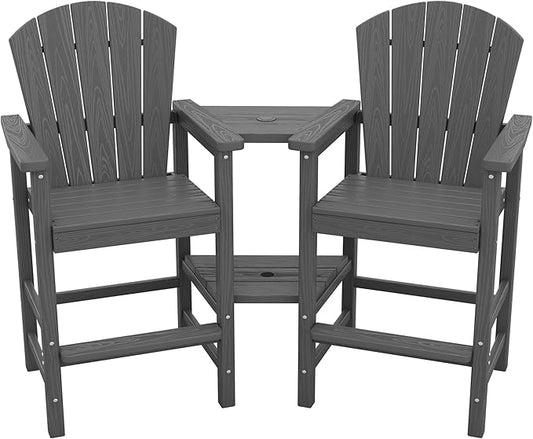 SERWALL Tall Adirondack Chairs Set of 2 with Double Layer Connecting Tray, HDPE Bar Height Outdoor Chairs, Wood-Like Adirondack Bar Stools for Patio, Balcony, Porch, Grey